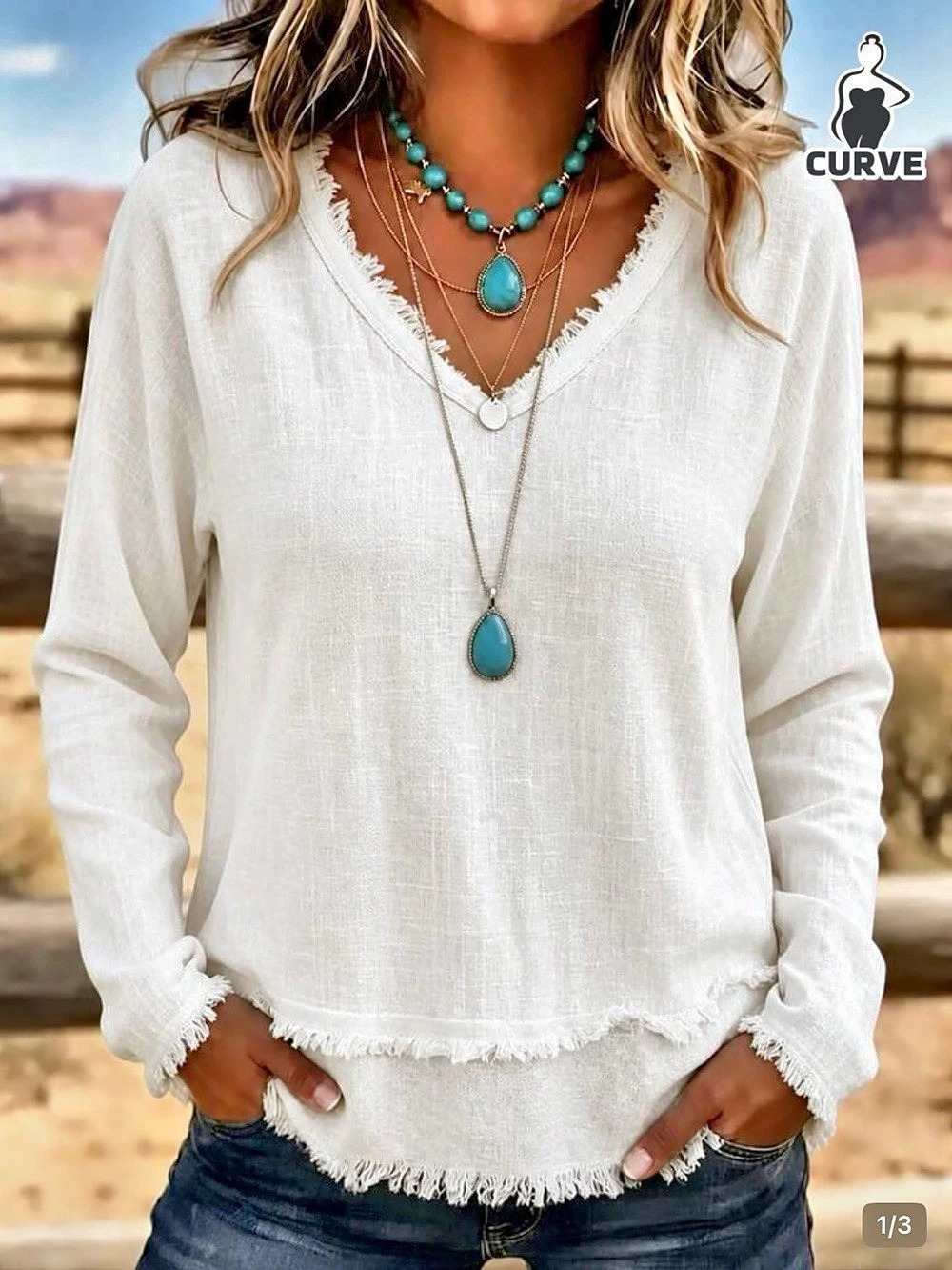 Women's Fringed V-Neck Tunic in White New & Unworn